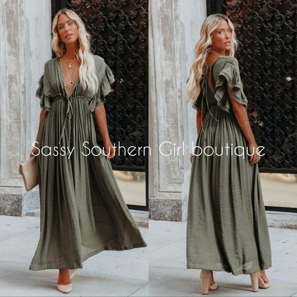 Boho deep neck button down maxi Dress Rustic - Picture 1 of 5